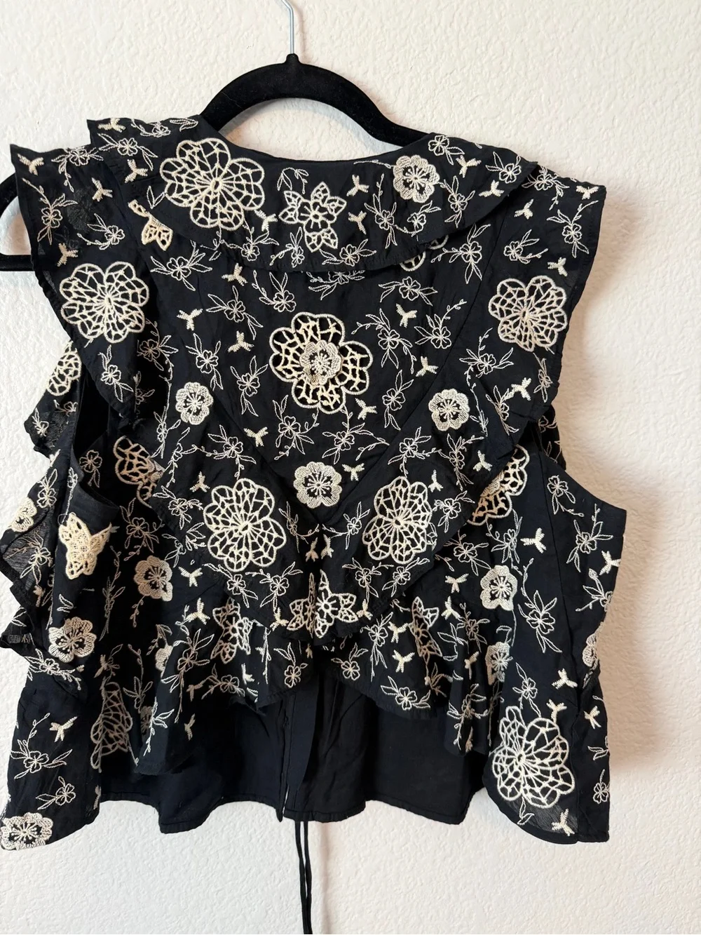 Anthropologie Black Embroidered Ruffle Tie-Front Top - Picture 5 of 7